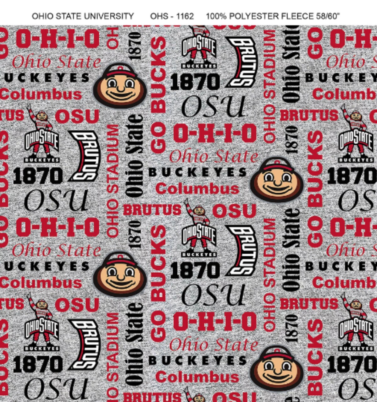 Sykel Enterprises-Ohio State University Fleece Fabric-Ohio State Buckeyes Heather Verbiage Fleece Blanket Fabric-Sold by the yard